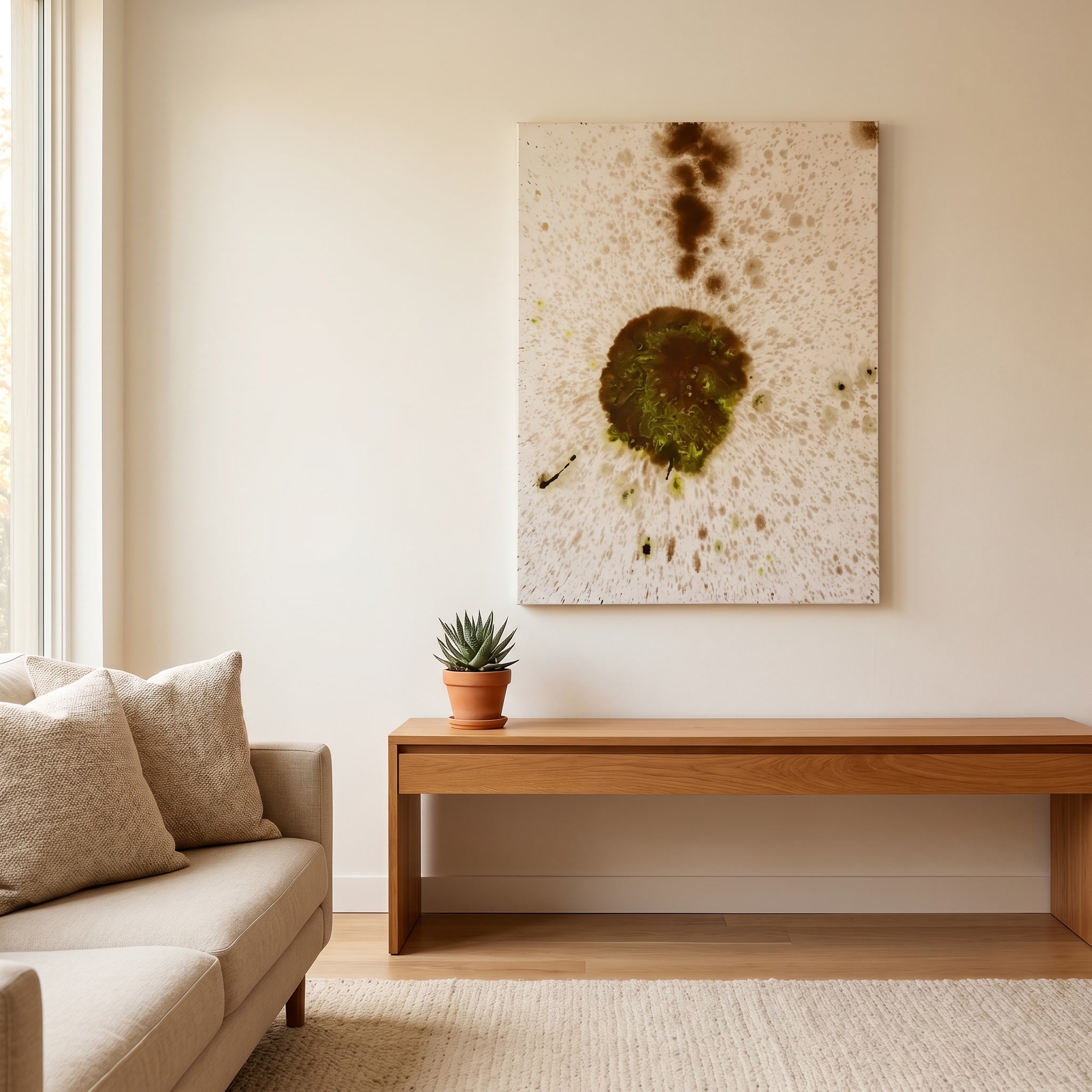 Installation view: a fArt is Art canvas hung above a wooden console in a sunlit interior.